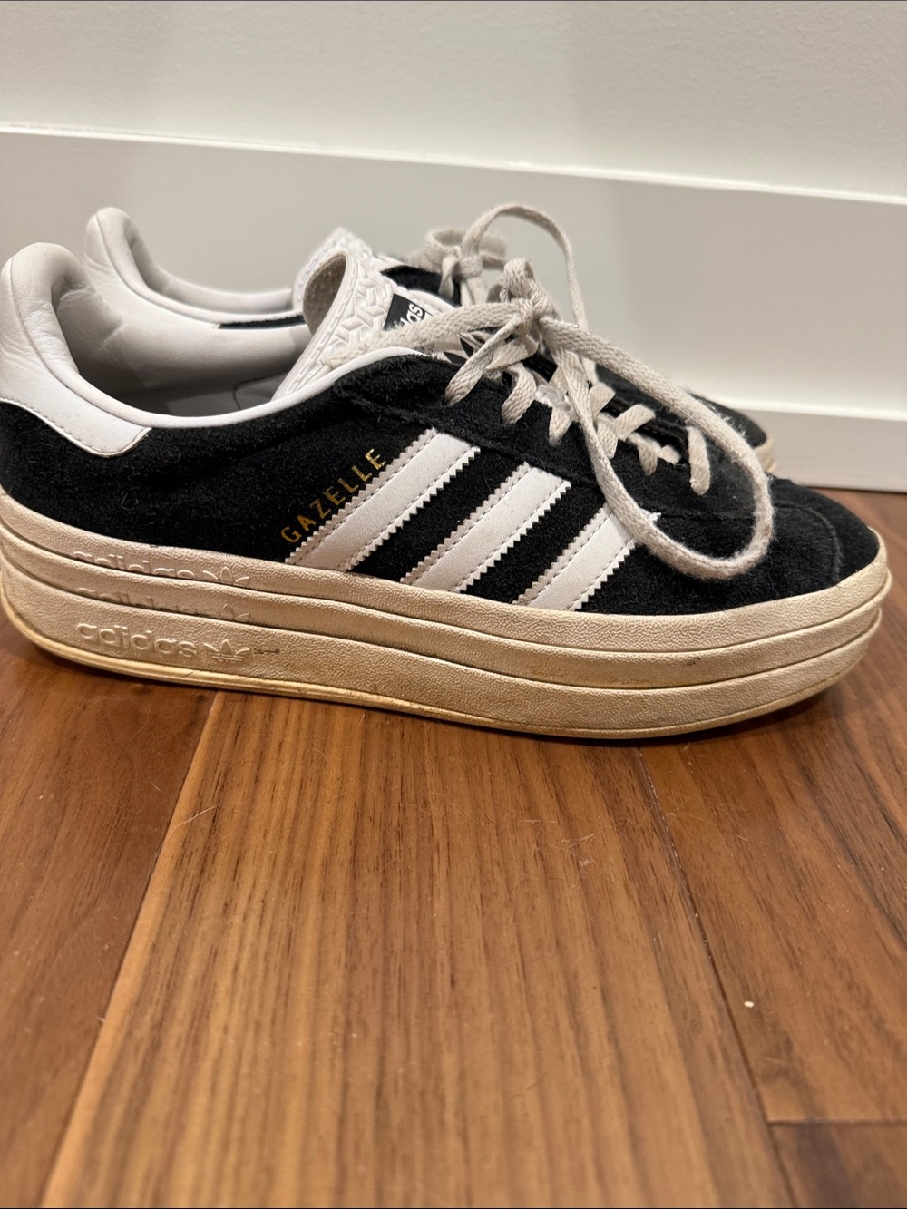 adidas Gazelle Platform Sneakers - Black & White with Gold Script
